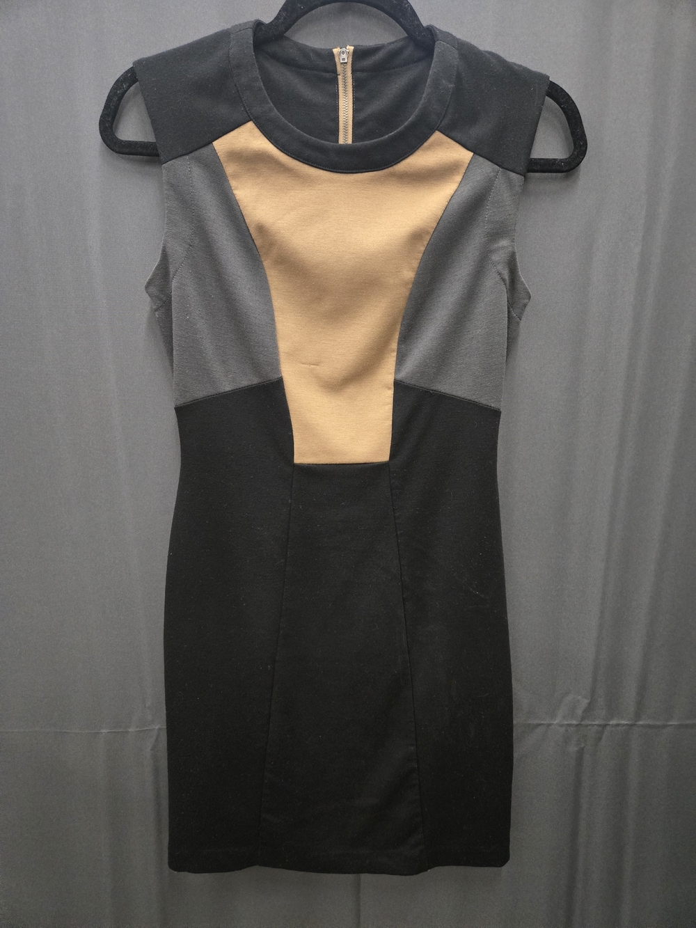 Colorblock Sleeveless Sheath Dress - Black, Gray & Camel